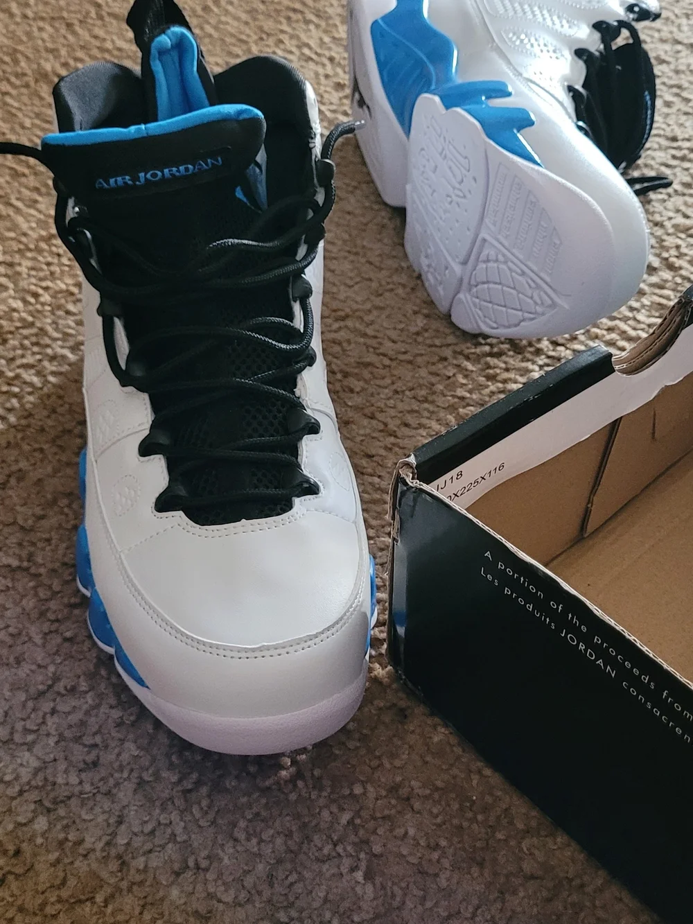 Jordan 9s White, Black and Carolina Blue High-Top Basketball Sneakers